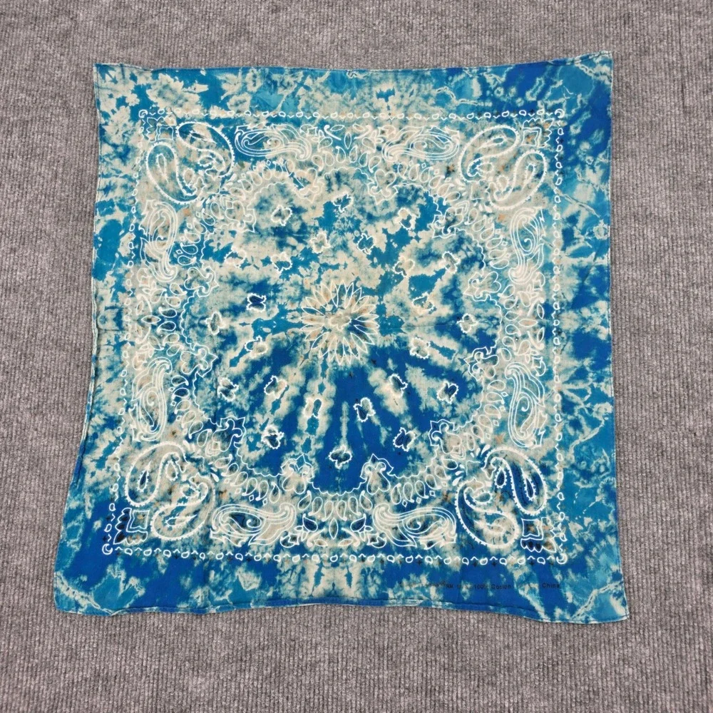 Blue Tie Dye Paisley Cotton Bandana Square Scarf Sunburst Print 20x20